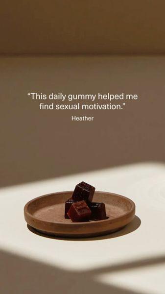 A clean, high-contrast product shot of a gummy supplement on a small plate, paired with a short, punchy customer testimonial.